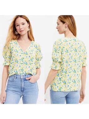 Loft Small Yellow Floral Bubble Puff Ruffle Sleeve V-Neck Button Down Blouse